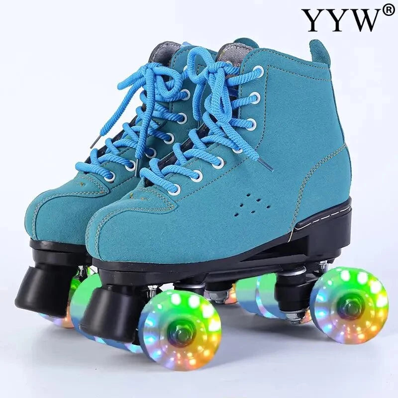 Roller Skates Shoes Inline Skating Quad Adult Double Row Roller Shoes Patins Sliding Sneaker Beginner Microfiber Leather Shoes