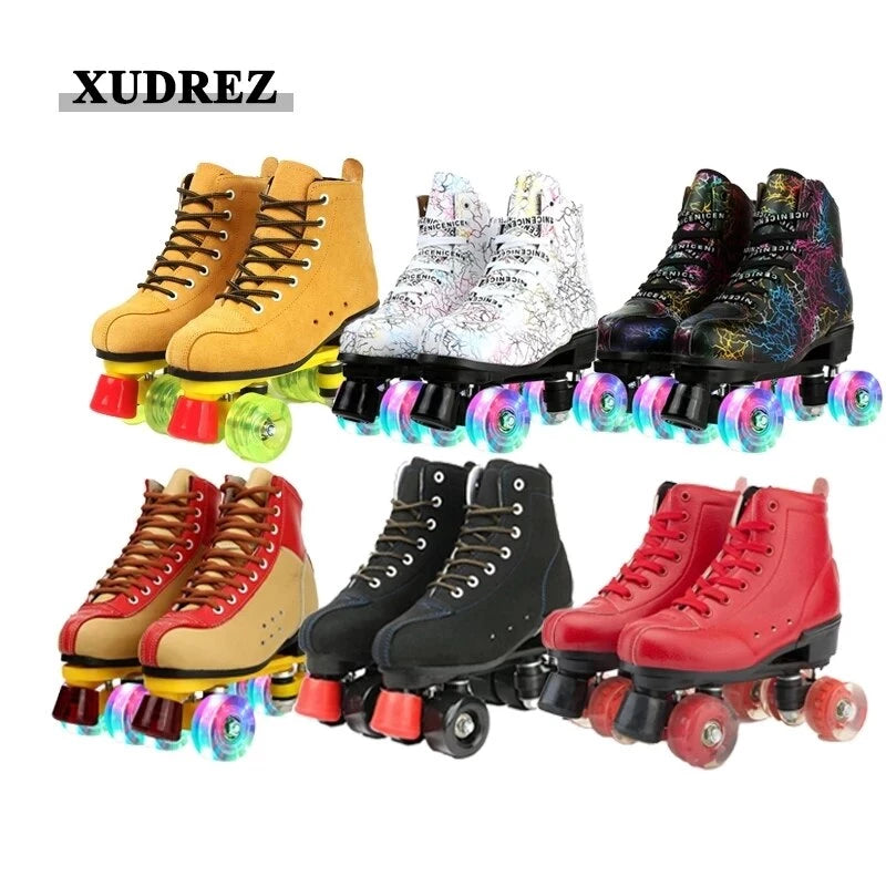 Roller Skates Shoes Inline Skating Quad Adult Double Row Roller Shoes Patins Sliding Sneaker Beginner Microfiber Leather Shoes