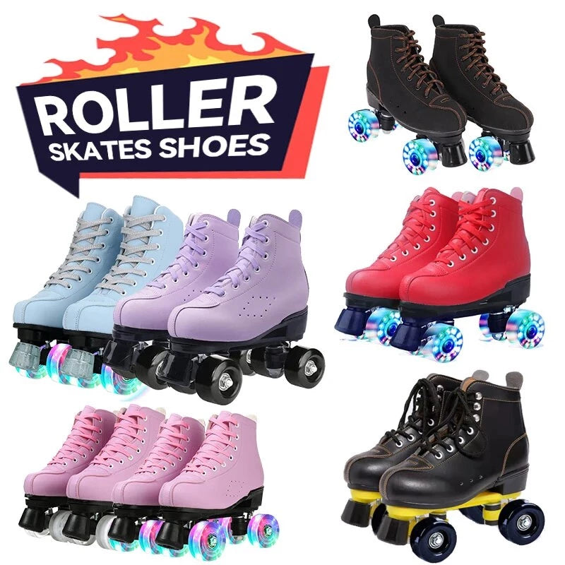 Roller Skates Shoes Inline Skating Quad Adult Double Row Roller Shoes Patins Sliding Sneaker Beginner Microfiber Leather Shoes