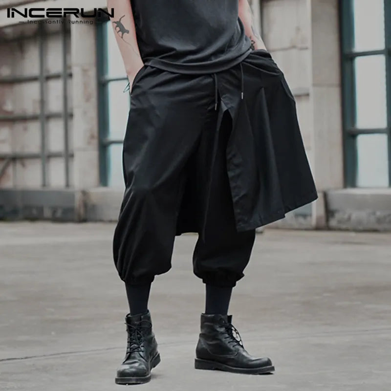 2022 Men Harem Pants Joggers Drawstring Solid Color Streetwear Punk Fashion Irregular Trousers Men Leisure Pantalon INCERUN