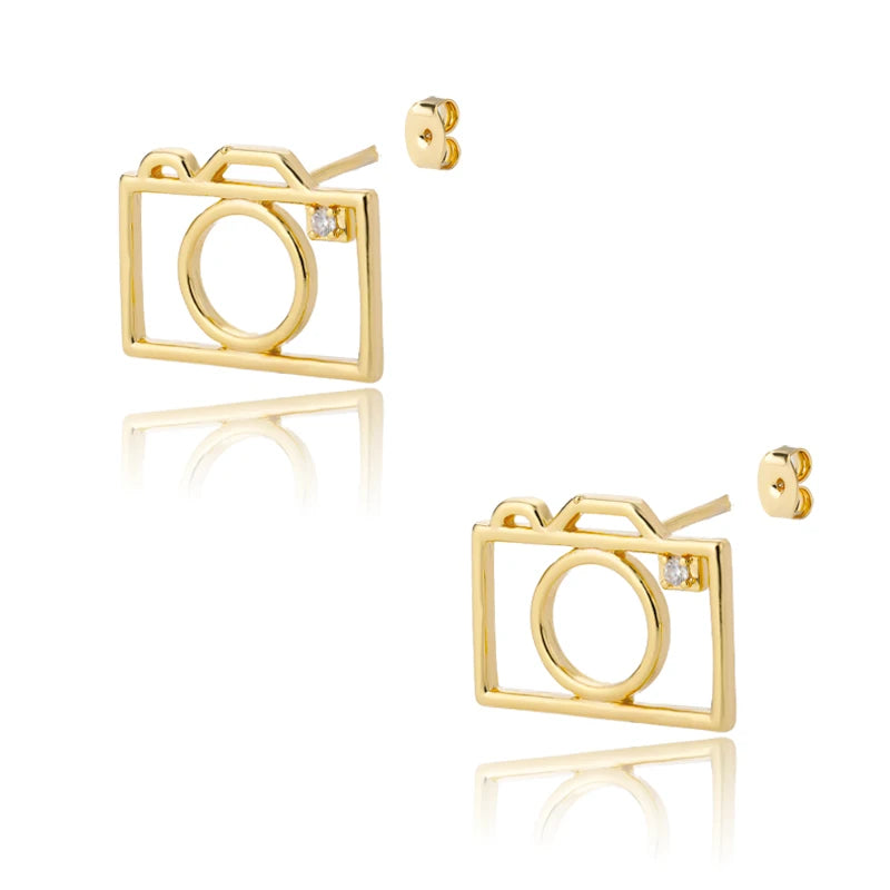 Stainless Steel Hollow Frame Camera Earrings For Women Camera Earring Zircon Simple Creative Fashion Jewelry Accessories