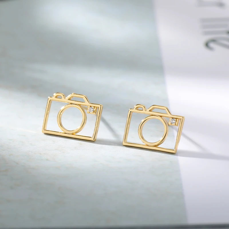 Stainless Steel Hollow Frame Camera Earrings For Women Camera Earring Zircon Simple Creative Fashion Jewelry Accessories