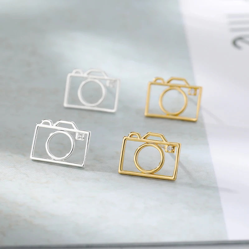 Stainless Steel Hollow Frame Camera Earrings For Women Camera Earring Zircon Simple Creative Fashion Jewelry Accessories