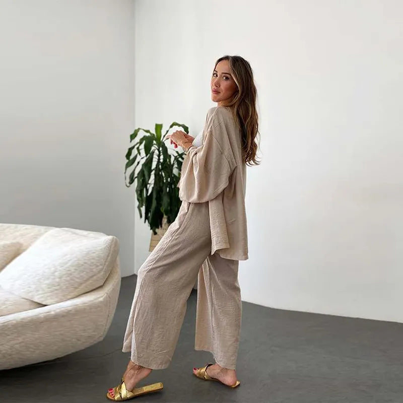 2023 New Womans Suit Autumn Cotton Sleepwear Two-piece Women's Spring Homewear Bat Sleeve Cardigan + Wide Leg Pants Suit Ladies