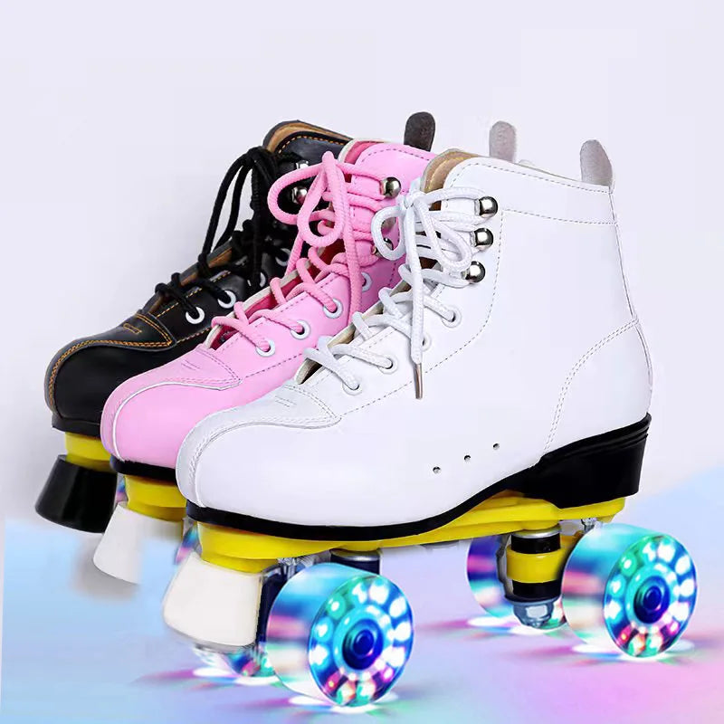 Roller Skates Shoes Inline Skating Quad Adult Double Row Roller Shoes Patins Sliding Sneaker Beginner Microfiber Leather Shoes