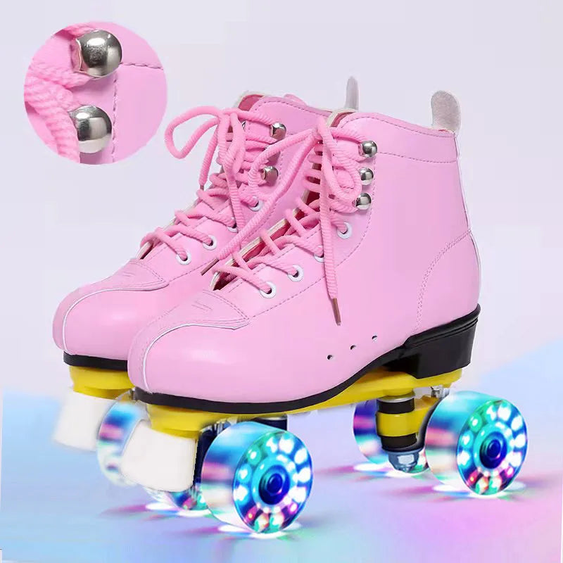 Roller Skates Shoes Inline Skating Quad Adult Double Row Roller Shoes Patins Sliding Sneaker Beginner Microfiber Leather Shoes