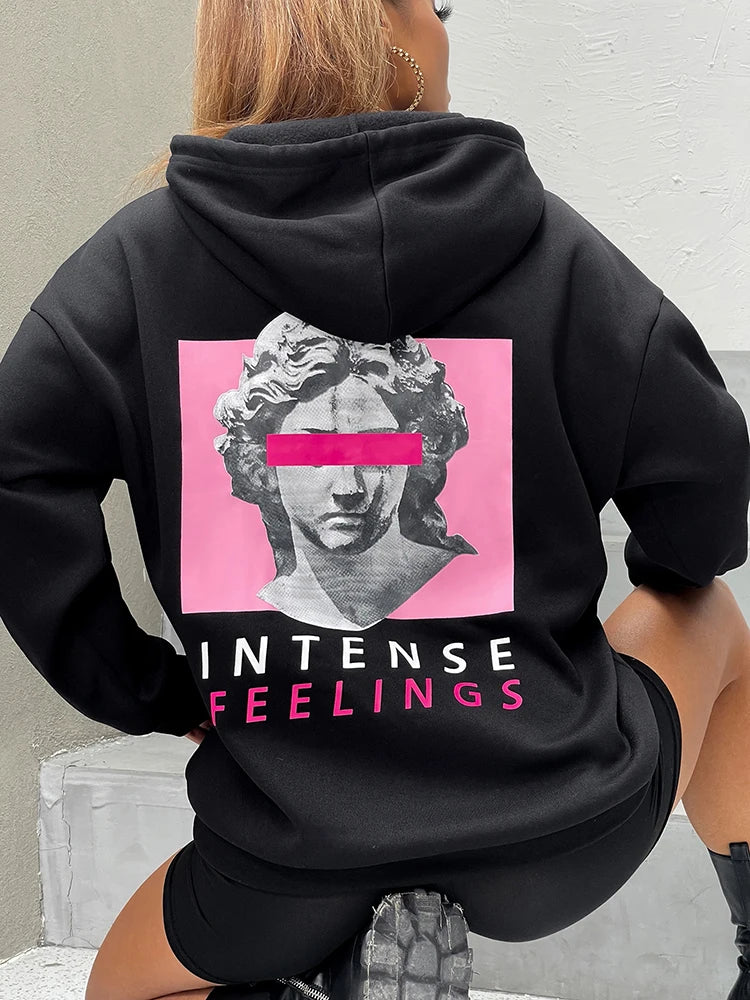 Intense Feeling Sculpture Cover Eyes Printed Womans Hoodie Street Sporty Pullover Autumn Pocket Clothing Casual Women Sweatshirt