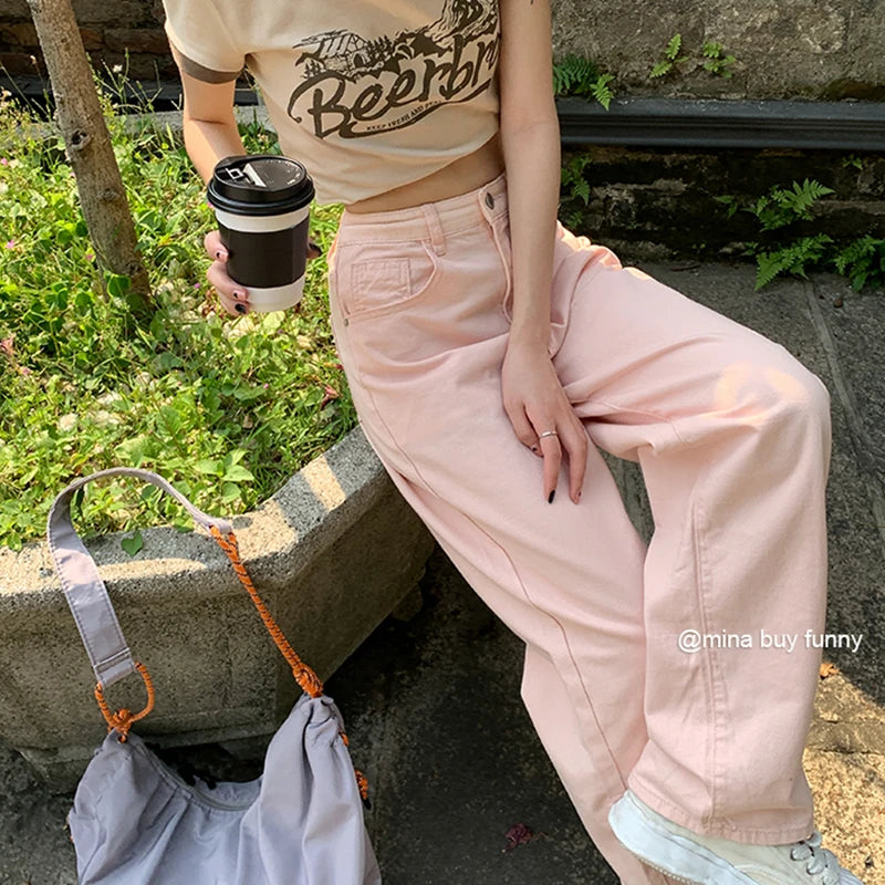 Summer Womans Jeans High Waist Wide Leg Denim Trouser Baggy Chic Design Ladies Pink Streetwear Vintage Straight Loose Jean Pants