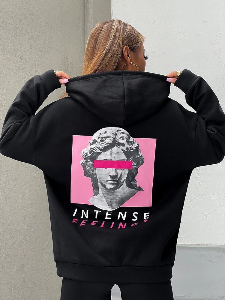 Intense Feeling Sculpture Cover Eyes Printed Womans Hoodie Street Sporty Pullover Autumn Pocket Clothing Casual Women Sweatshirt