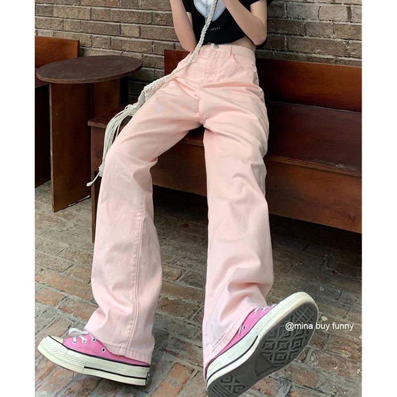 Summer Womans Jeans High Waist Wide Leg Denim Trouser Baggy Chic Design Ladies Pink Streetwear Vintage Straight Loose Jean Pants