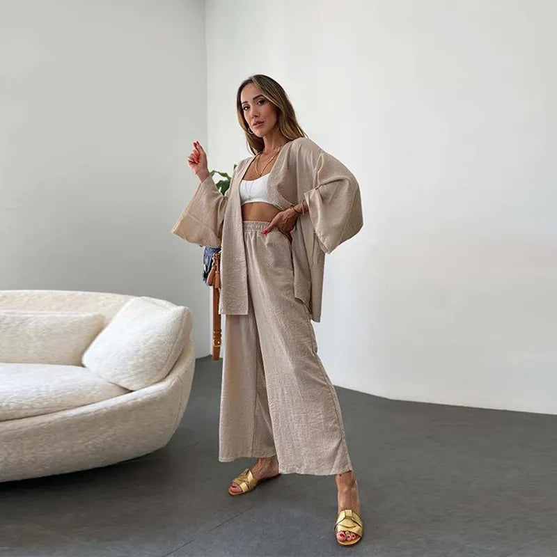 2023 New Womans Suit Autumn Cotton Sleepwear Two-piece Women's Spring Homewear Bat Sleeve Cardigan + Wide Leg Pants Suit Ladies