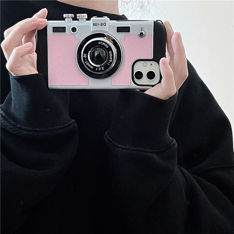 Emily in Paris Retro Creative Stereo Camera Case For iPhone 15 14 13 12 11 Pro Max X XR XS Max 15 Plus Lanyard Shockproof Cover