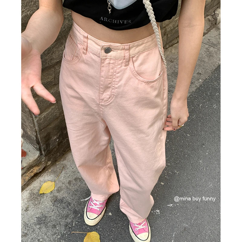 Summer Womans Jeans High Waist Wide Leg Denim Trouser Baggy Chic Design Ladies Pink Streetwear Vintage Straight Loose Jean Pants