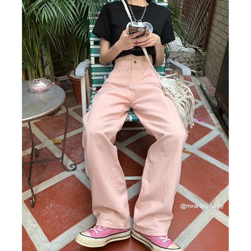 Summer Womans Jeans High Waist Wide Leg Denim Trouser Baggy Chic Design Ladies Pink Streetwear Vintage Straight Loose Jean Pants