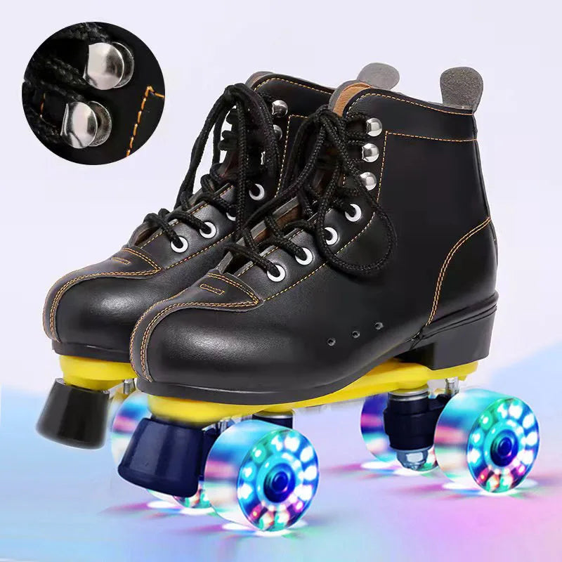 Roller Skates Shoes Inline Skating Quad Adult Double Row Roller Shoes Patins Sliding Sneaker Beginner Microfiber Leather Shoes