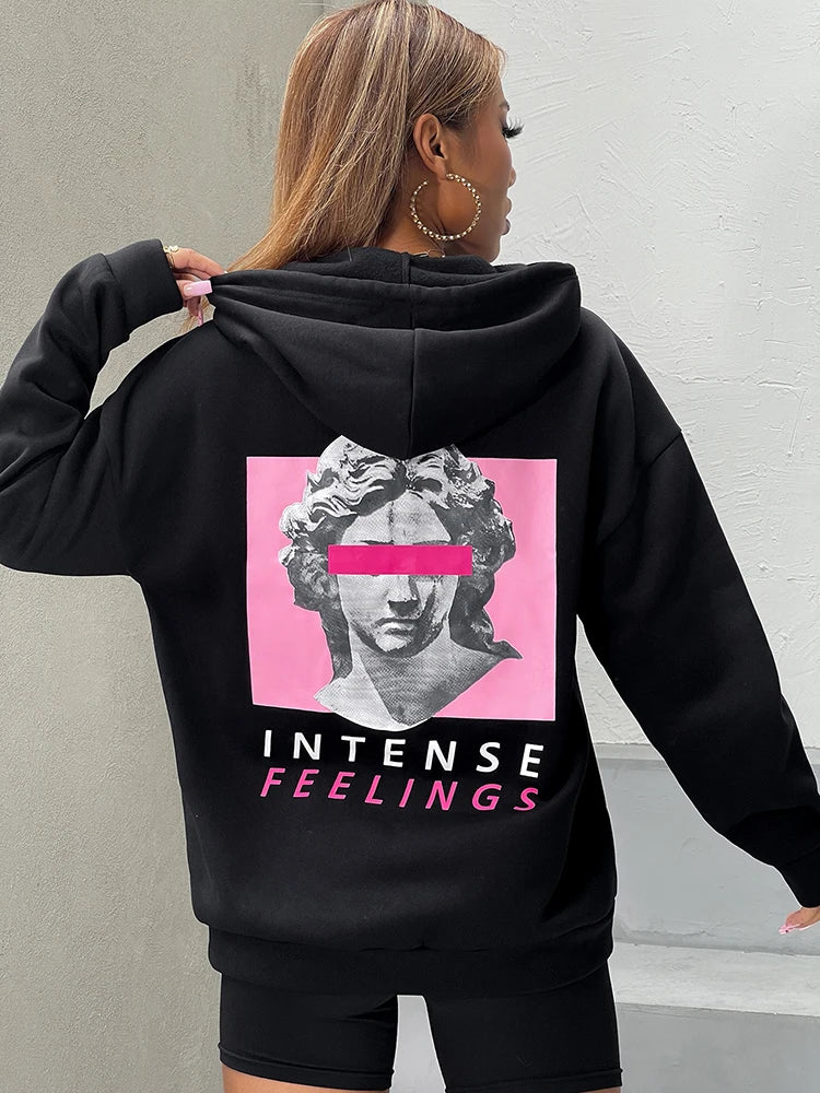 Intense Feeling Sculpture Cover Eyes Printed Womans Hoodie Street Sporty Pullover Autumn Pocket Clothing Casual Women Sweatshirt