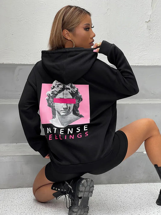 Intense Feeling Sculpture Cover Eyes Printed Womans Hoodie Street Sporty Pullover Autumn Pocket Clothing Casual Women Sweatshirt