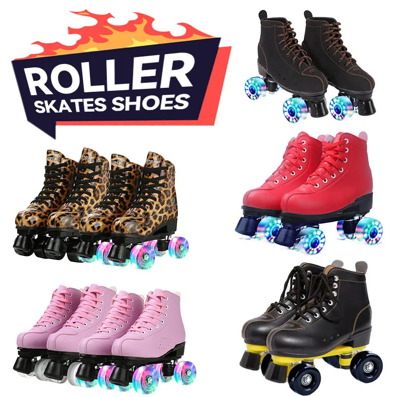 Roller Skates Shoes Inline Skating Quad Adult Double Row Roller Shoes Patins Sliding Sneaker Beginner Microfiber Leather Shoes