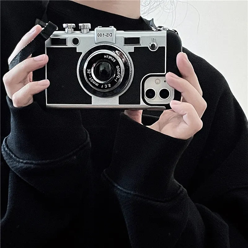 Emily in Paris Retro Creative Stereo Camera Case For iPhone 15 14 13 12 11 Pro Max X XR XS Max 15 Plus Lanyard Shockproof Cover