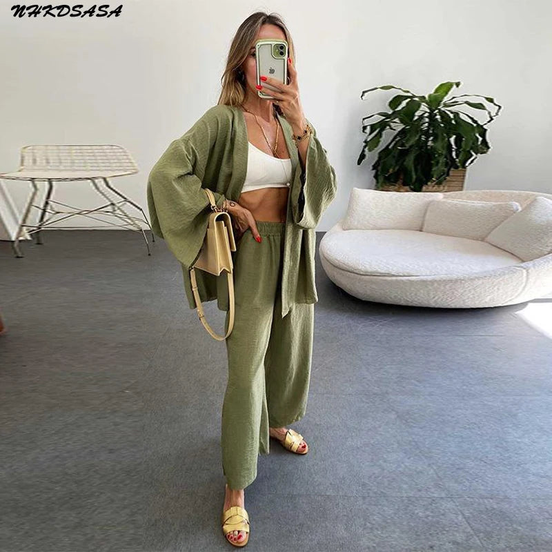 2023 New Womans Suit Autumn Cotton Sleepwear Two-piece Women's Spring Homewear Bat Sleeve Cardigan + Wide Leg Pants Suit Ladies